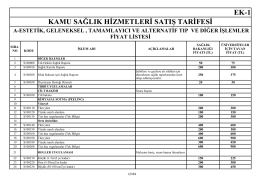 EK-1 KAMU SAĞLIK HİZMETLERİ SATIŞ TARİFESİ