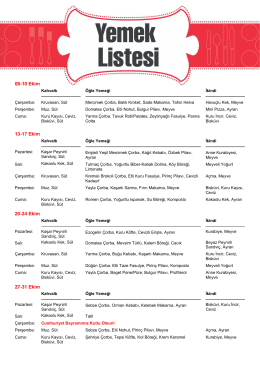 Ekim 2014 - İlkokul (1, 2, 3, 4. Sınıflar) Yemek Listesi