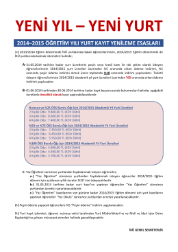 100 ÖSS Burslu Öğr.İçin 2014/2015 Akademik Yıl Yurt Ücretleri