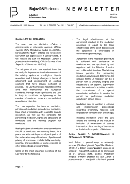 Serbia: LAW ON MEDIATION The new Law on Mediation