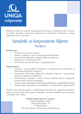 Saradnik za korporativne klijente - Sarajevo