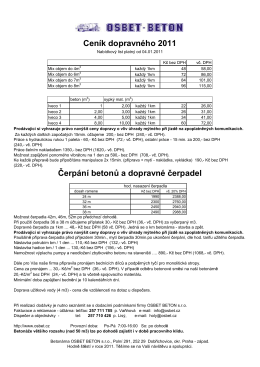 Ceník dopravného 2011 Čerpání betonů a dopravné