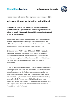 Volkswagen Slovakia vyrobil najviac vozidiel histórii