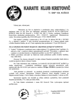 Sprievodný list – 2 percentá z dane pre KK Kretovič