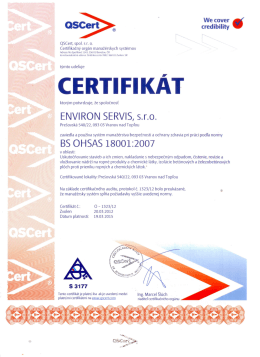 Zobraziť certifikát - ENVIRON SERVIS, sro