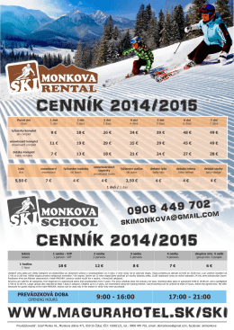 Cenník SKI MONKOVA RENTAL & SCHOOL 2014