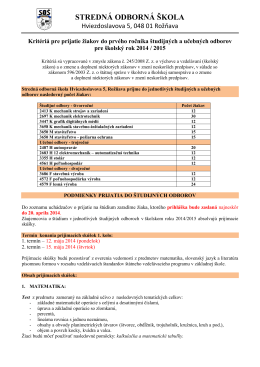 Kritéria prijatia na štúdium - Stredná odborná škola, Hviezdoslavova 5