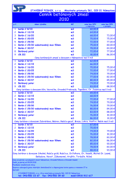 Cenník betónových zmesí 2009- aktualizácia 2