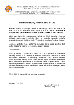 Klasifikácia za prvý polrok šk. roku 2014/15
