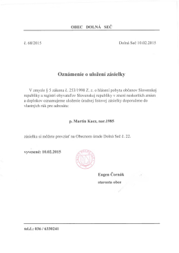 Obec Dolná Seč - oznámenie o uložení zásielky pre M. Kacz