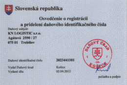 Osvedčenie o registr&aacute;cii a pridelen&iacute; daňov&eacute;ho identifikačn&eacute;ho č&iacute;sla