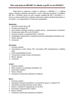 Plán rady školy pri MŠ SNP 14 v Modre a jej EP na rok 2010/2011