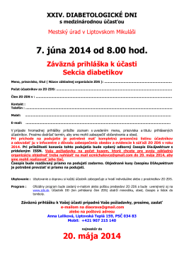 Prihláška na XXIV. Diabetologicke dni v Liptovskom Mikuáši 2014