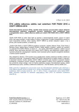 ČFA udělila odbornou záštitu nad veletrhem FOR PASIV 2016 a