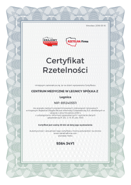 certyfikat - Centrum Medyczne Legnica, Przychodnia lekarska Legnica