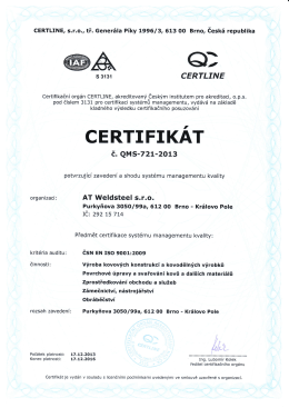 Certifikát ČSN EN ISO 9001:2009 CZ