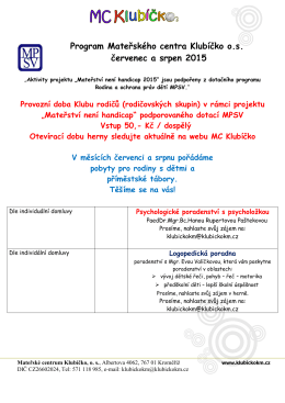 Program Mateřského centra Klubíčko o.s. červenec a srpen 2015