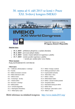 30. srpna až 4. září 2015 se koná v Praze XXI. Světový kongres IMEKO