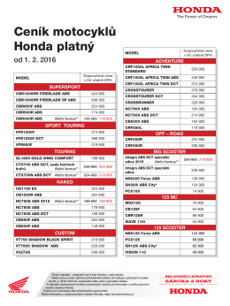 Ceník motocyklů Honda platný od 1. 10. 2015