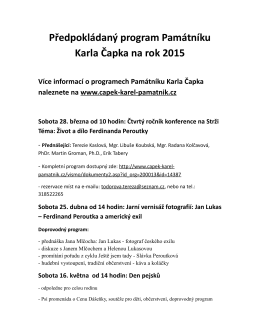 Předpokládaný program Památníku Karla Čapka na rok 2015