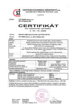 Certifikát - Posuvná stěna PATIO LIFE