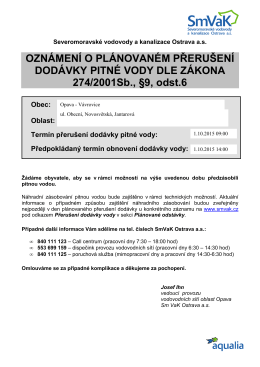 Oznámení o plánovaném přerušení dodávky PV - Opava