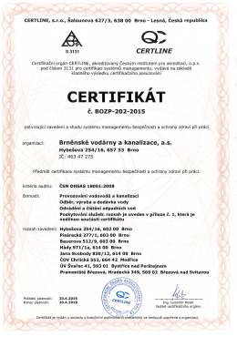 certifikát dle ČSN OHSAS 18001 2008