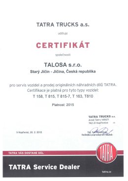 Certifikát TATRA pro rok 2015