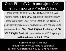 Obec Přední Výtoň pronajme Areál letních sportů v Přední Výtoni.
