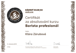 Certifikát za absolvování kurzu Barista profesionál