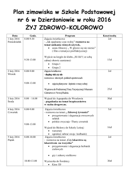 Plan zimowiska w Szkole Podstawowej nr 6 w Dzierżoniowie w roku