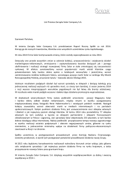 List Prezesa Zarządu Solar Company S.A. Szanowni Państwo, W