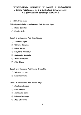 Wyróżnieni uczniowie sp w nauce i frekwencji w I sem. roku