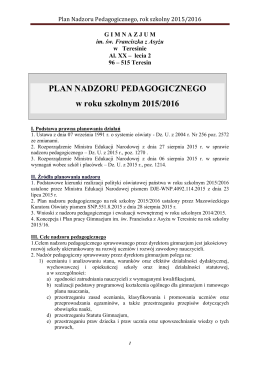 Plan Nadzoru Pedagogicznego, rok szkolny 2015/2016