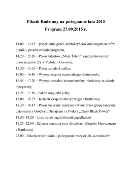 Piknik Rodzinny na pożegnanie lata 2015 Program 27.09.2015 r.