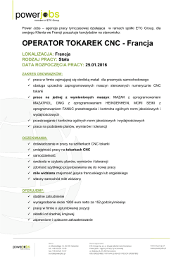 19-01-2016 OPERATOR TOKAREK CNC Francja