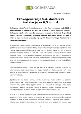 Ekokogeneracja S.A. dostarczy instalację za 6,5 mln zł