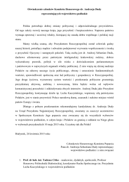 Oświadczenie członków Komitetu Honorowego dr. Andrzeja Dudy