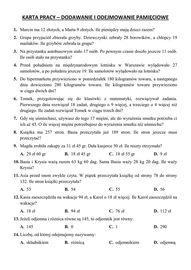 Praca Klasowa Z Mikołajka Klasa 4 Karta pracy – dodawanie i odejmowanie pamięciowe – klasa 4