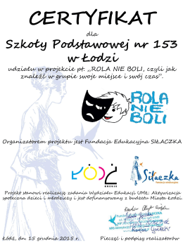 Certyfikat SP153 - Szkoła Podstawowa nr 153 w Łodzi.
