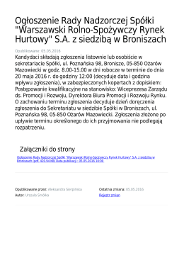 Ogłoszenie Rady Nadzorczej Spółki "Warszawski Rolno