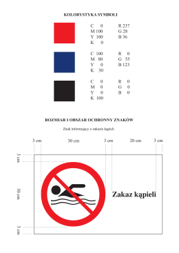 Kolorystyka symboli zakazu kąpieli i klasyfikacji oraz rozmiary i