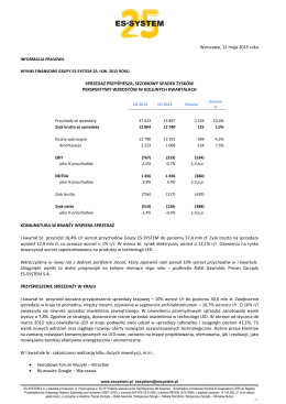 Wyniki finansowe Grupy ES-SYSTEM za I kwartał 2015