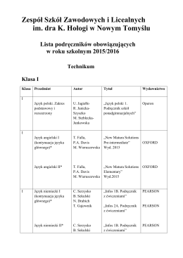 Lista podręczników na rok szkolny 2015/2016 dla TECHNIKUM