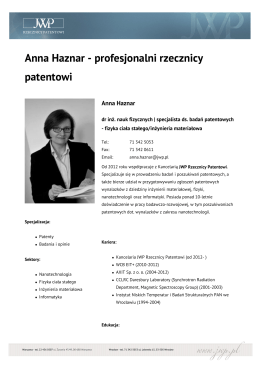 Anna Haznar - profesjonalni rzecznicy patentowi