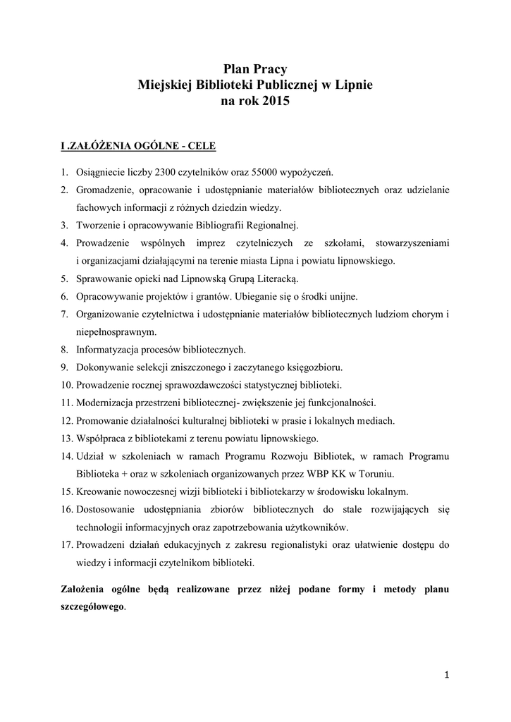 Plan Pracy Biblioteki Szkolnej Doc Plan Pracy Miejskiej Biblioteki Publicznej w Lipnie na rok 2015