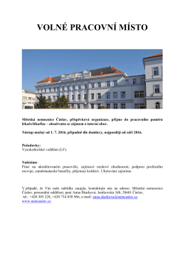 Městská nemocnice Čáslav, příspěvková organizace, přijme do