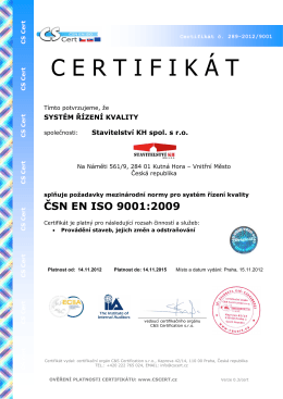 Certifikát ISO 9001 - Stavitelství Kutná Hora