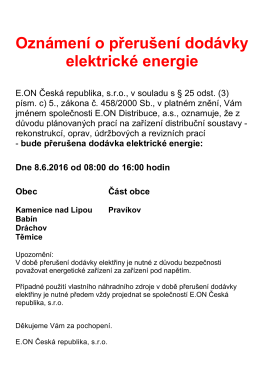 Oznámení o přerušení dodávky elektrické energie