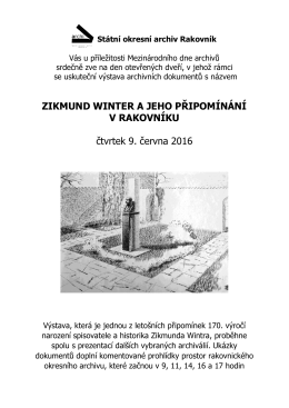 Pozvánka na výstavu Zikmund Winter a jeho připomínání v Rakovníku